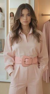 Women Light Powder Pastel Pink Wide Stretch Day Night Fun Belt Square Buckle M L