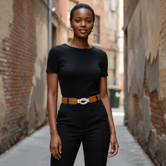 Brand New Women’s Brown Skinny Elastic Waistband Fashion Belt with Gold Bling Knot Buckle – Size Small to Medium – WB8