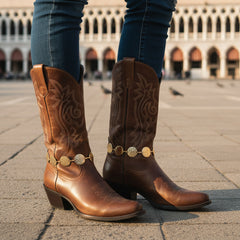 Brand New Women Gold Metal Boot Chain Bracelet Shoe Anklet Textured Circle Round Charms SET BC145