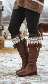 Brand New Western Women Boot Toppers Boho Long Brown Faux Leather Fringes Knee High Lace