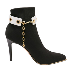 Brand New Women Gold Metal Boot Chain Bracelet Shoe Anklet Silver Faux Leather Band Holes Charm SET BC222