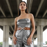 Brand New Women Brown Elastic Waistband Fashion Belt Gold Bling Metal Knot Buckle Size S M - WB15