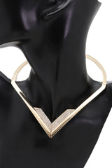 Brand New Women Gold Tone V Shape Choker Necklace Rhinestone Accent Statement Collar Jewelry - WN12
