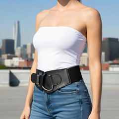 Brand New Women Black Wide Elastic Waistband Fashion Belt SILVER Metal Hook Buckle Size S M WB2