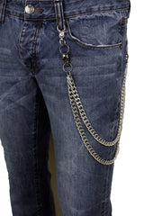 Brand New Men’s Silver Punk Wallet Chain, 2 Strand Jeans Chain with Black Skull Charms, Handmade USA Belt Loop Key Holder, 23" M28