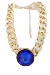Brand New Women’s Chunky Gold Tone Curb Chain Necklace Large Blue Pendant Women Jewelry - WN19