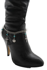 Brand New Women Silver Metal Boot Chain Bracelet Shoe Anklet Ethnic Turquoise Blue Bead Cross Circle Charms SET BC259
