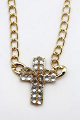Brand New Women Gold-Tone Cross Necklace Earrings Set Rhinestone Pendant Chain Jewelry - WN23
