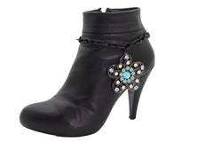 Brand New Women Black Metal Boot Chain Bracelet Shoe Anklet Big Bling Flower Charm SET BC281