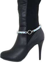Brand New Women Silver Metal Boot Chain Bracelet Shoe Anklet Turquoise Blue Fabric Band Center Ring Charm SET BC269