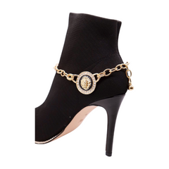 Brand New Women Gold Metal Boot Chain Bracelet Shoe Anklet Bling Lion Head Medallion Double Sided Charm SET BC176
