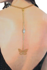 Handmade Gold Tone Coin Back Pendant, Hook On Necklace Attachment, Rhinestone Open Back Bridal Wedding Dress Jewelry, 7 Inch Drop WN82