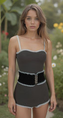 Chic Women Black Fashion Belt Denim Fabric Elastic Hip High Waist Stretch Fringes S M