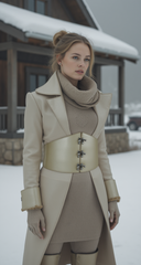 Women Champagne Metallic Beige Corset Belt Wide Hip Waist Silver Hook Buckle S M