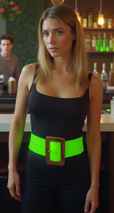 Women Neon Green Wide Waistband Belt Hip High Waist Gold Metal Square Buckle S M