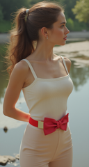 Fashion Belt Gold Plate Elastic Band Red Faux Leather Bow Tie Buckle S M L