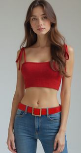 Women Red Basket Weave Faux Leather Hip Waist Belt Gold Metal Buckle Size S M