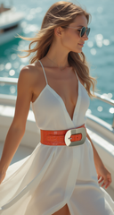 New Hot Women Orange Wide Elastic Belt High Waist Hip Silver Metal Oval Buckle XS S