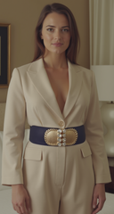 Dark Blue Elastic Belt Gold Metal Buckle Size S M