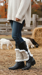 Brand New Women Boots Cover Topper Pair Warmer Winter Beige Fabric Slip On White Muffs 2PC
