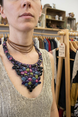 Brand New Women Boho Black Mesh Necklace Beaded Bib Satin Ribbon Tie - WN42
