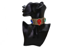 Brand New Women’s Gold-Tone Statement Choker Necklace Wide Mesh Band Multicolor Accents - WN7