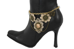 Brand New Women Gold Color Metal Boot Chain Bracelet Shoe Anklet Flower Butterfly Fabric Lace Charm SET BC312