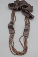 Brand New Women Long Taupe Beaded Tie Necklace Women Satin Fabric Statement Jewelry - WN45