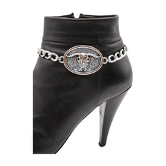 Brand New Women Silver Metal Boot Chain Bracelet Shoe Anklet Bling Long Horns Bull Charm SET BC179