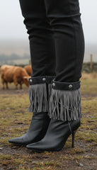 Brand New Women Gray Boot Topper Faux Suede Leather Fringe Winter Silver Flower Charm Pair