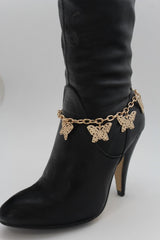 Brand New Women Gold Metal Boot Chain Bracelet Shoe Anklet Dangle Butterfly Charms SET BC273
