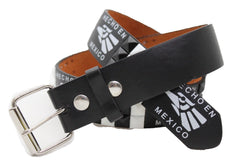 Brand New Men Women Hecho En Mexico Printed Black Belt, Silver Buckle Faux Leather Graphic Strap + Studs, Adult Size Small 26 - 30 M23