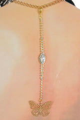 Handmade Gold Tone Coin Back Pendant, Hook On Necklace Attachment, Rhinestone Open Back Bridal Wedding Dress Jewelry, 7 Inch Drop WN82