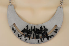Brand New Silver Tone Statement Necklace Set Black Beads Metal Plate - WN4