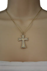 Brand New Gold Tone Cross Charm Necklace for Women, Silver Rhinestone Style Trim Pendant, Adjustable 17-19 in Chain, Fashion Jewelry for Everyday And Dressy Looks - WN10