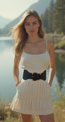 Black Faux Leather Elastic Waist Hip Belt Gold Metal Square Buckle Fit S M