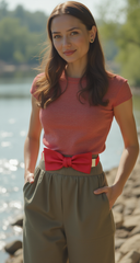 Fashion Belt Gold Plate Elastic Band Red Faux Leather Bow Tie Buckle S M L