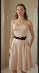 Women Chocolate Brown Faux Leather Skinny Belt Gold Metal Circles Buckle Fit Size M L