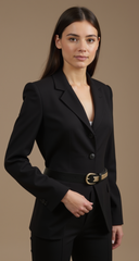 Women Black Faux Leather Gold Weave Braide Hip Waist Belt Gold Buckle S M