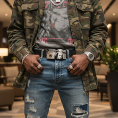 Men Silver Metal Belt Buckle Hip Hop Street Fashion Club 100$ Bill Money Hood