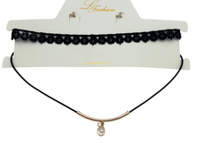 Brand New Women Black Lace Double Choker Necklace Stud Earrings Set, WN63