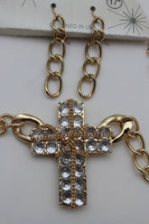 Brand New Women Gold-Tone Cross Necklace Earrings Set Rhinestone Pendant Chain Jewelry - WN23