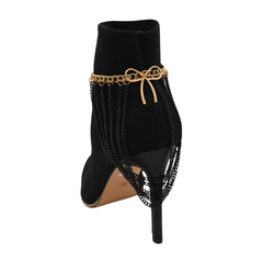 Brand New Women Black Metal Boot Chain Bracelet Shoe Anklet Gold Back Bow Charm SET BC198