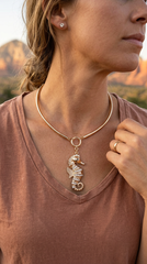 Brand New Women’s Ocean Seahorse Choker Necklace Set, Gold Tone Collar Jewelry With Rhinestone Style Charm And Small Stud Earring - WN15