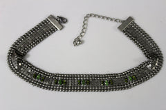 Brand New Women Green Rhinestone Silver Mesh Choker Necklace Narrow Collar Statement - WN9