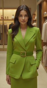 Women Green Faux Leather Skinny Belt Gold Square Buckle Adjustable Size S M