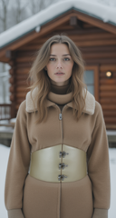 Women Champagne Metallic Beige Corset Belt Wide Hip Waist Silver Hook Buckle S M