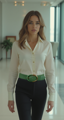 Cool Women Green Braided Elastic Fashion Belt Gold Metal Oval Buckle Size S M L