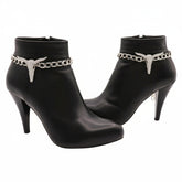 Brand New Women 2PCS Silver Metal Boot Chain Bracelet Shoe Anklet Bling Long Horn Bull Charm Set Texas Cow Fashion Jewelry - A PAIR BC34