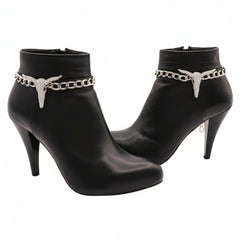 Brand New Women 2PCS Silver Metal Boot Chain Bracelet Shoe Anklet Bling Long Horn Bull Charm Set Texas Cow Fashion Jewelry - A PAIR BC34